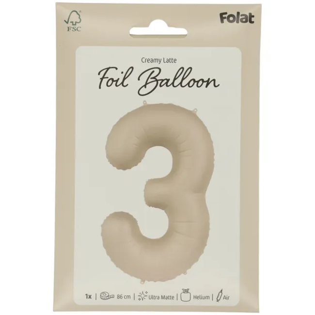 Folieballon Cijfer 3 - Creamy Latte - Ultra Matt - 86 cm