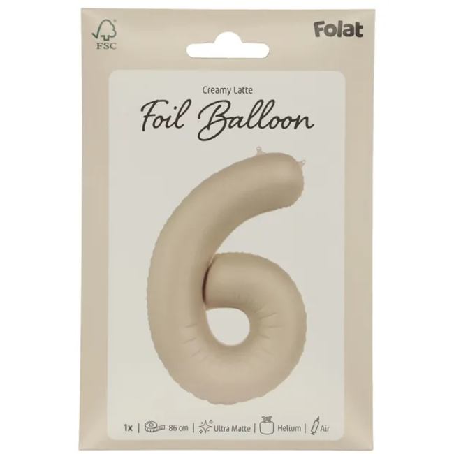 Folieballon Cijfer 6 - Creamy Latte - Ultra Matt - 86 cm