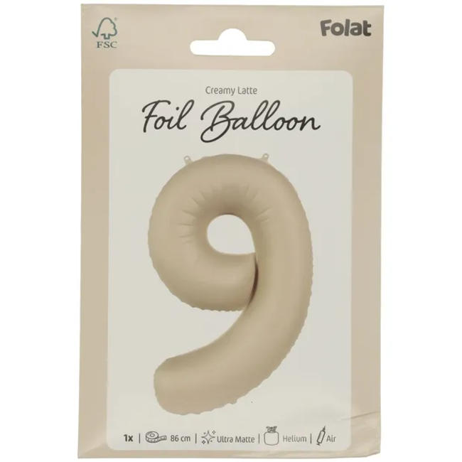 Folieballon Cijfer 9 - Creamy Latte - Ultra Matt - 86 cm