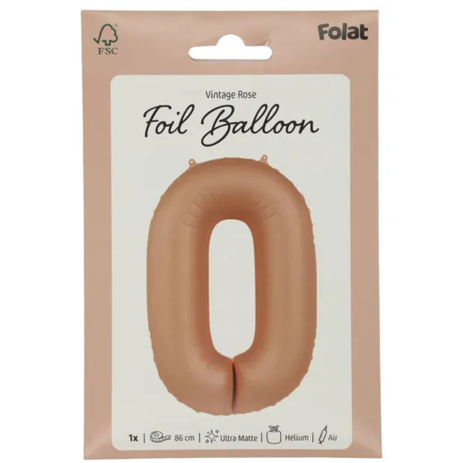 Folieballon Cijfer 0 - Vintage Rose - Ultra Matt - 86 cm