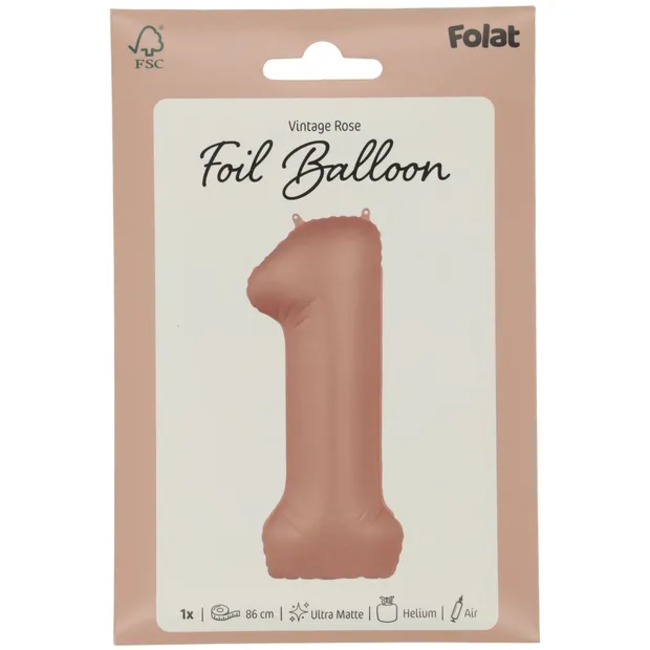 Folieballon Cijfer 1 - Vintage Rose - Ultra Matt - 86 cm