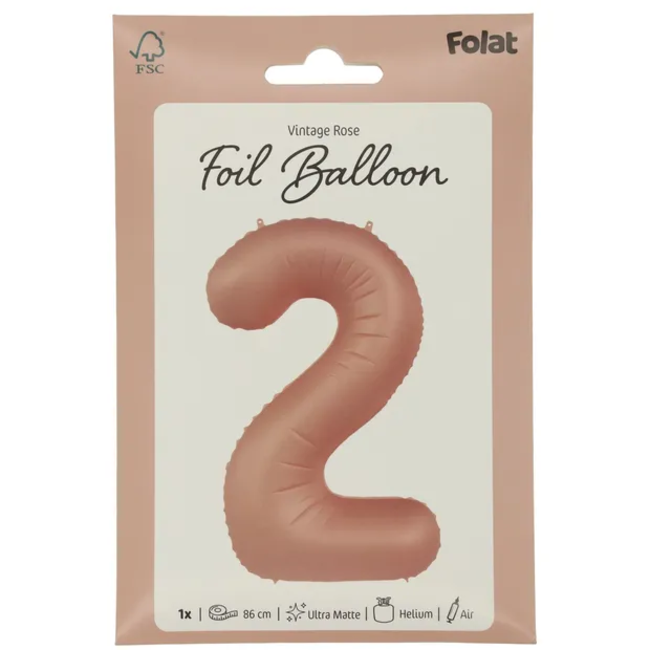 Folieballon Cijfer 2 - Vintage Rose - Ultra Matt - 86 cm