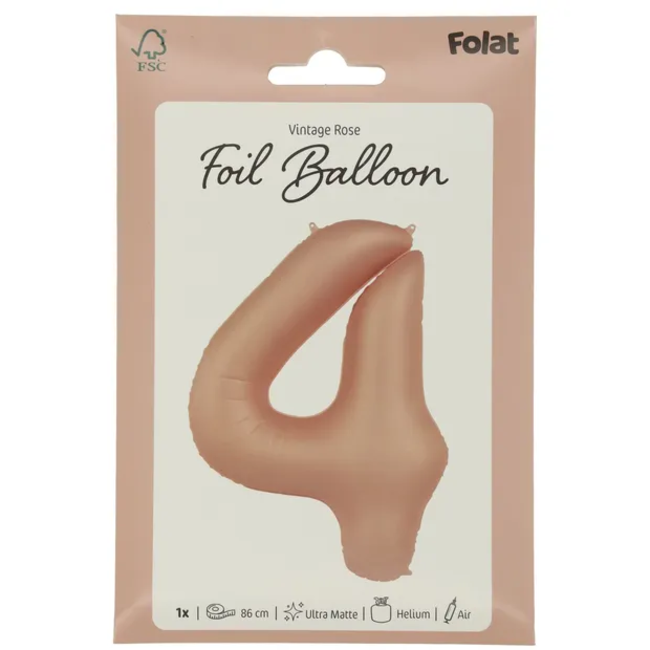 Folieballon Cijfer 4 - Vintage Rose - Ultra Matt - 86 cm