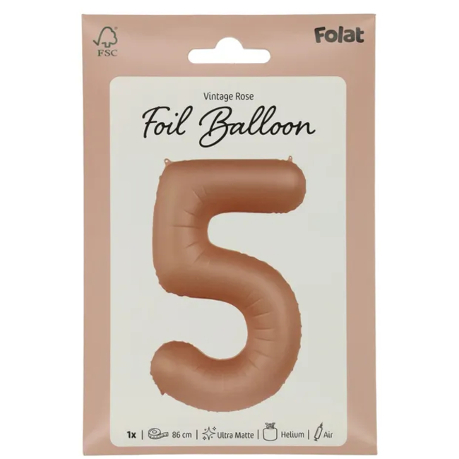 Folieballon Cijfer 5 - Vintage Rose - Ultra Matt - 86 cm