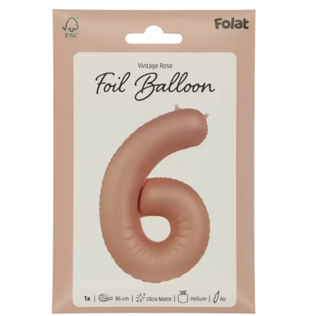 Folieballon Cijfer 6 - Vintage Rose - Ultra Matt - 86 cm