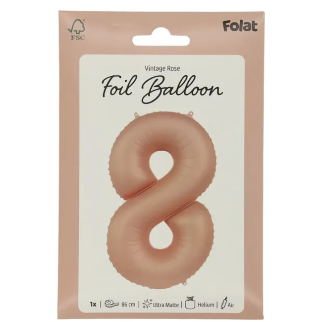 Folieballon Cijfer 8 - Vintage Rose - Ultra Matt - 86 cm