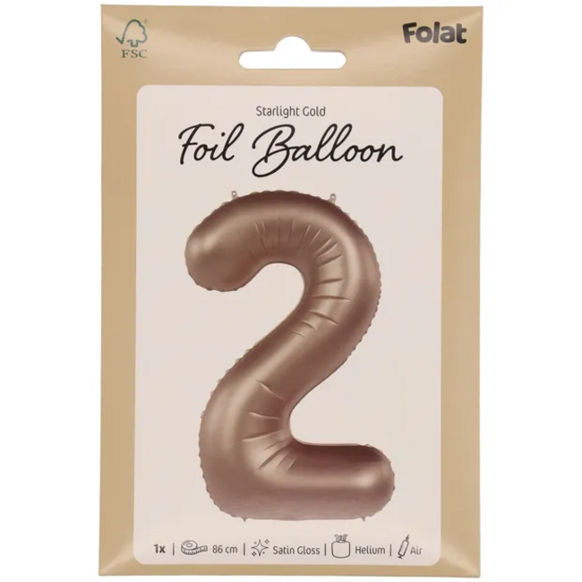 Folieballon Cijfer 2 - Starlight Gold - Satin Gloss - 86 cm