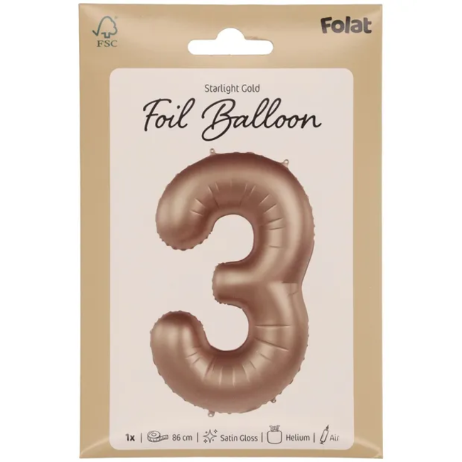 Folieballon Cijfer 3 - Starlight Gold - Satin Gloss - 86 cm