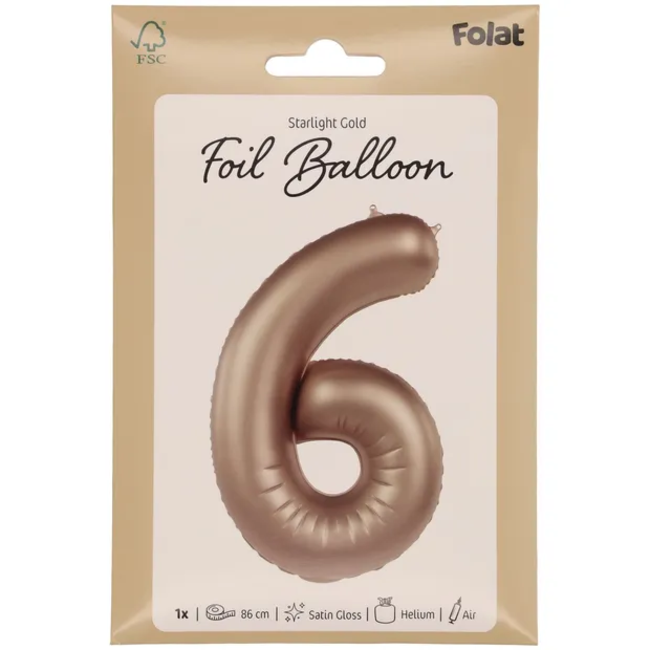 Folieballon Cijfer 6 - Starlight Gold - Satin Gloss - 86 cm