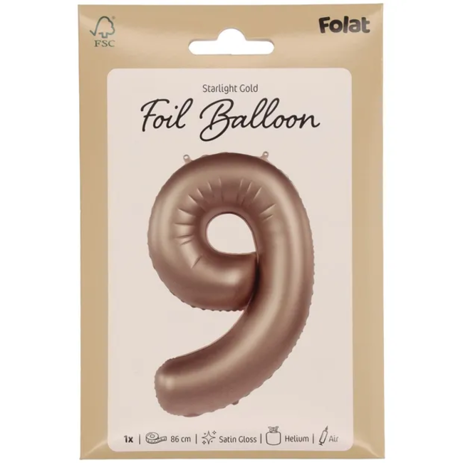 Folieballon Cijfer 9 - Starlight Gold - Satin Gloss - 86 cm