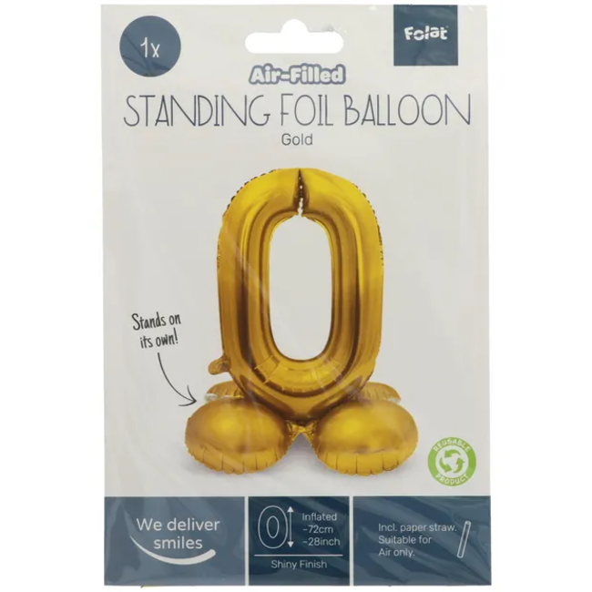 Staande Folieballon Cijfer 0 Goudkleurig - 72 cm