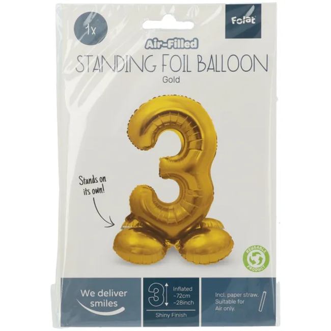 Staande Folieballon Cijfer 3 Goudkleurig - 72 cm