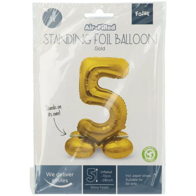 Staande Folieballon Cijfer 5 Goudkleurig - 72 cm