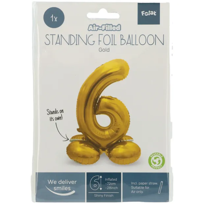 Staande Folieballon Cijfer 6 Goudkleurig - 72 cm