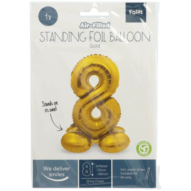 Staande Folieballon Cijfer 8 Goudkleurig - 72 cm