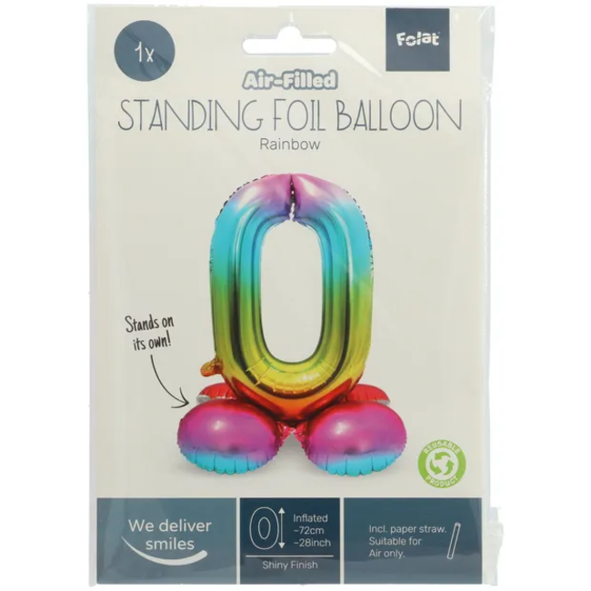 Staande Folieballon Cijfer 0 Regenboog - 72 cm