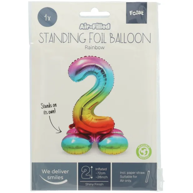 Staande Folieballon Cijfer 2 Regenboog - 72 cm