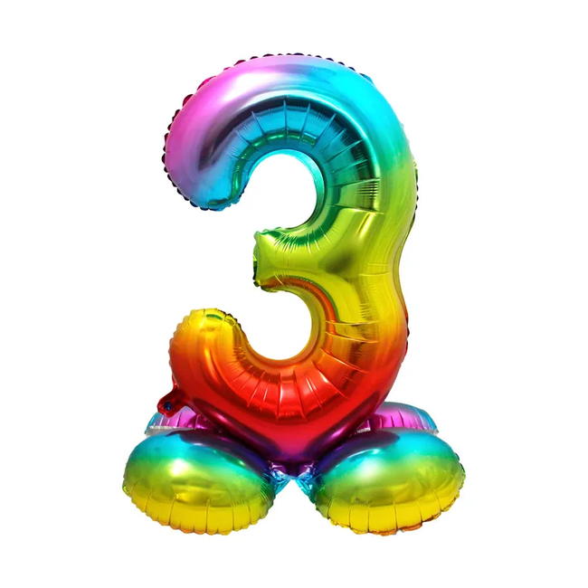Staande Folieballon Cijfer 3 Regenboog - 72 cm