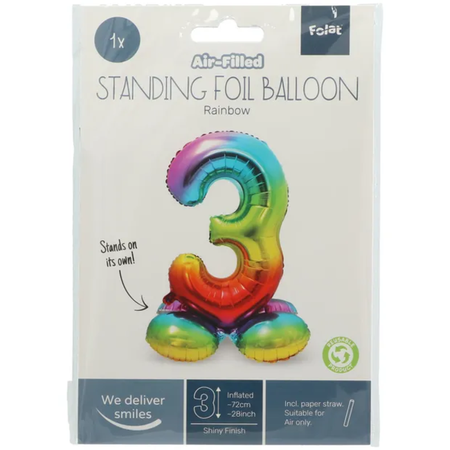 Staande Folieballon Cijfer 3 Regenboog - 72 cm