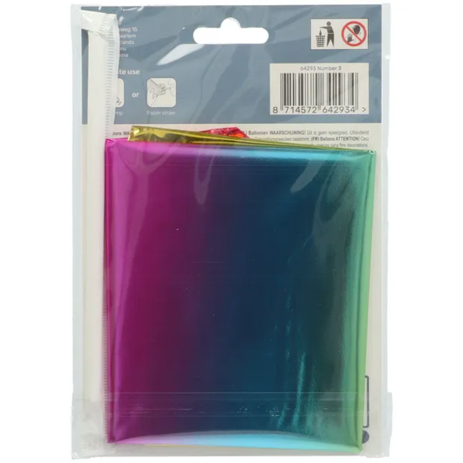 Staande Folieballon Cijfer 3 Regenboog - 72 cm