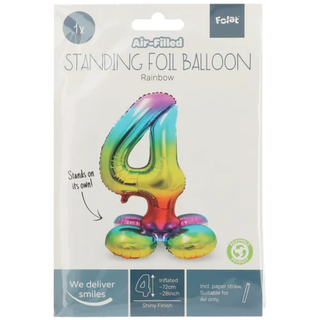 Staande Folieballon Cijfer 4 Regenboog - 72 cm