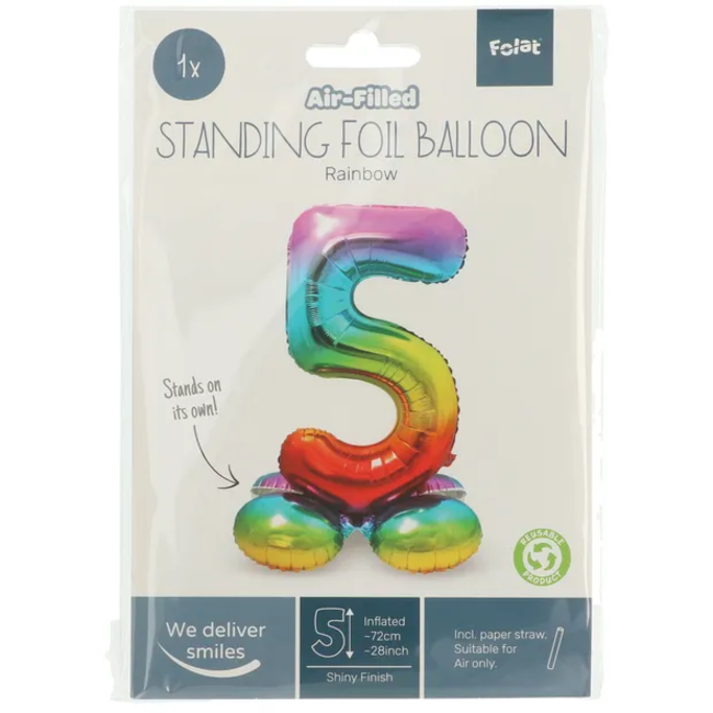 Staande Folieballon Cijfer 5 Regenboog - 72 cm