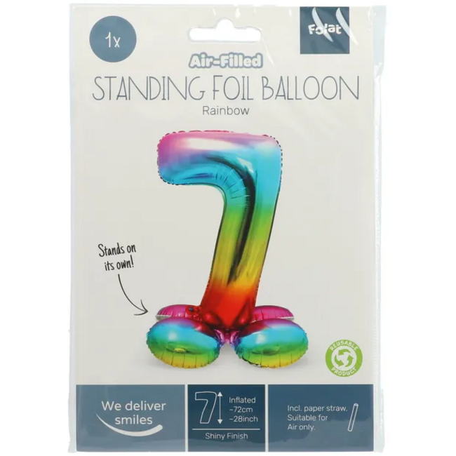 Staande Folieballon Cijfer 7 Regenboog - 72 cm