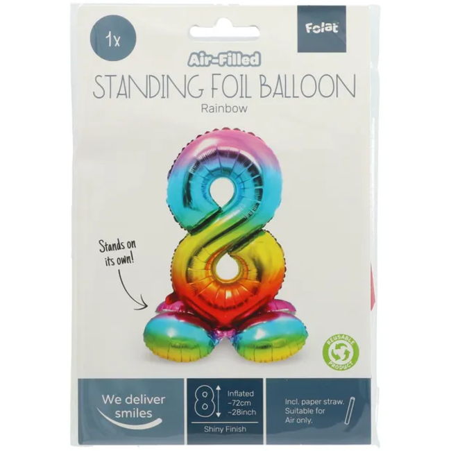 Staande Folieballon Cijfer 8 Regenboog - 72 cm