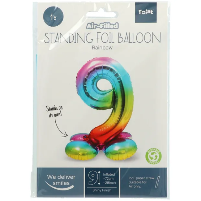 Staande Folieballon Cijfer 9 Regenboog - 72 cm