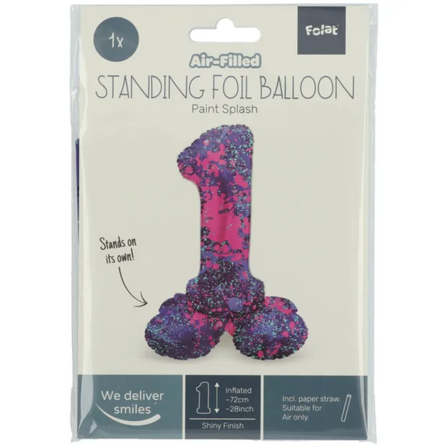 Staande Folieballon Cijfer 1 Paint Splash - 72 cm