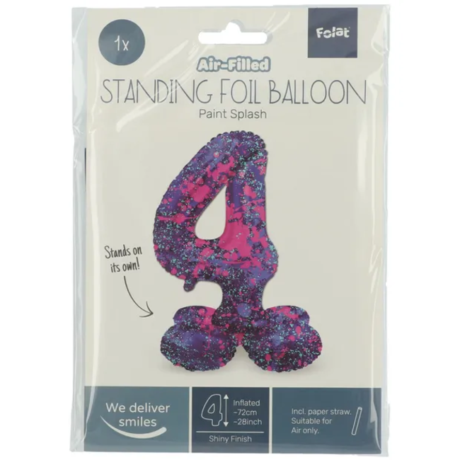 Staande Folieballon Cijfer 4 Paint Splash - 72 cm
