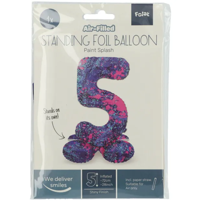 Staande Folieballon Cijfer 5 Paint Splash - 72 cm