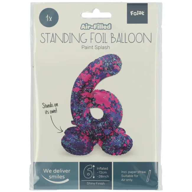 Staande Folieballon Cijfer 6 Paint Splash - 72 cm