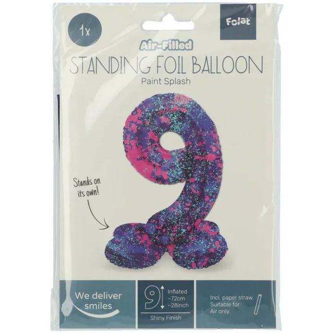 Staande Folieballon Cijfer 9 Paint Splash - 72 cm