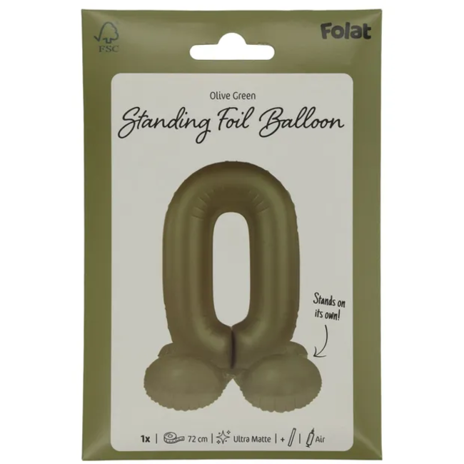 Staande Folieballon Cijfer 0 - Olive Green - Ultra Matt - 72 cm