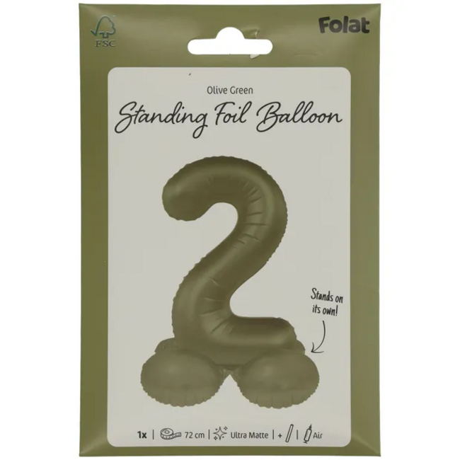 Staande Folieballon Cijfer 2 - Olive Green - Ultra Matt - 72 cm