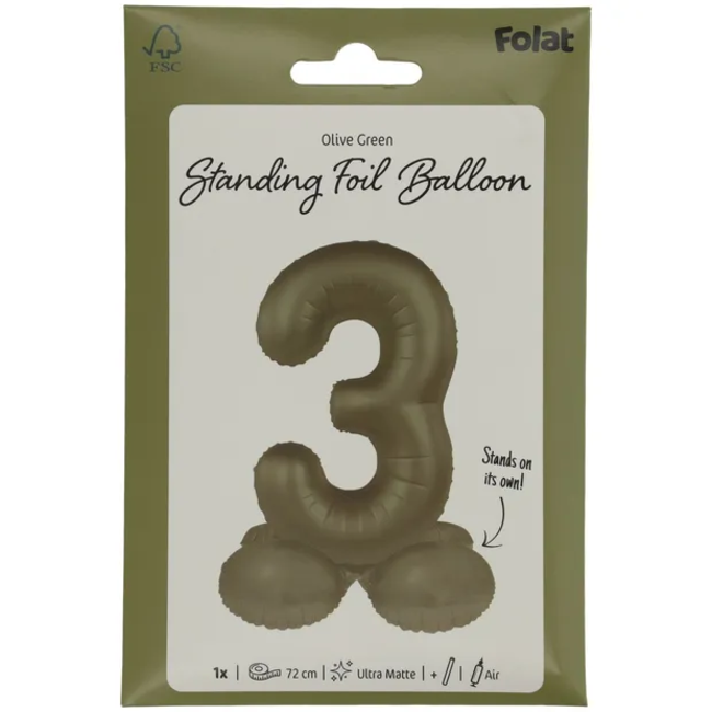 Staande Folieballon Cijfer 3 - Olive Green - Ultra Matt - 72 cm