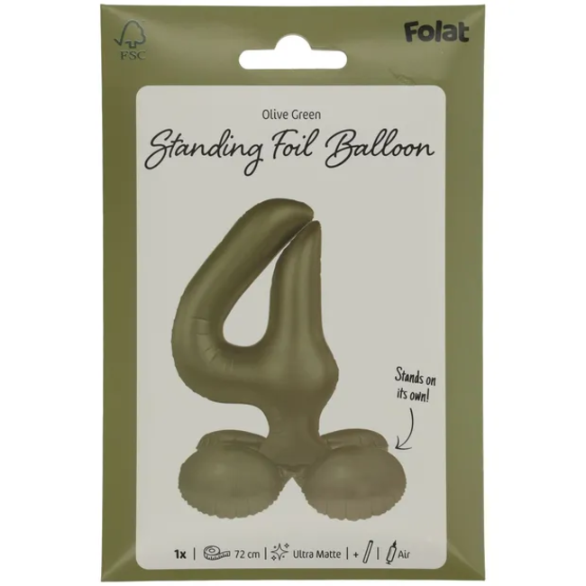 Staande Folieballon Cijfer 4 - Olive Green - Ultra Matt - 72 cm