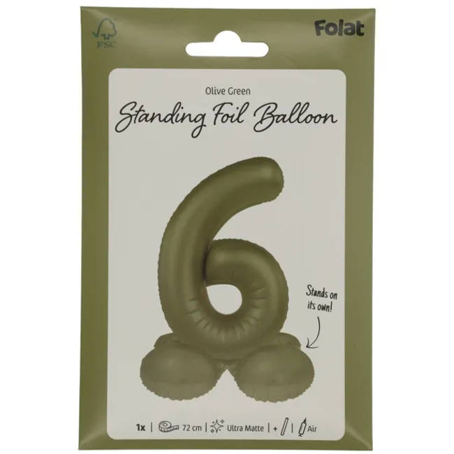 Staande Folieballon Cijfer 6 - Olive Green - Ultra Matt - 72 cm