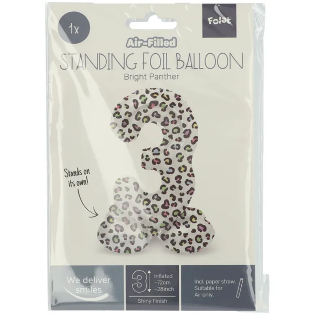 Staande Folieballon Cijfer 3 Bright Panther - 72 cm