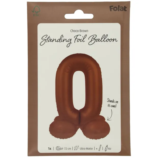 Staande Folieballon Cijfer 0 - Chocolade Bruin - Ultra Matt - 72 cm