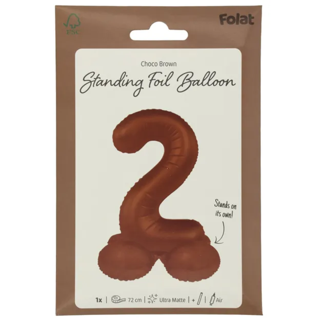 Staande Folieballon Cijfer 2 - Chocolade Bruin - Ultra Matt - 72 cm