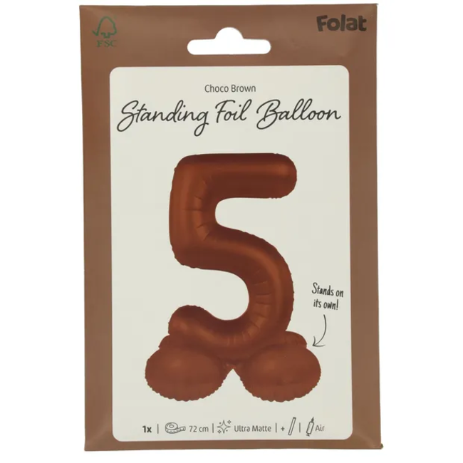 Staande Folieballon Cijfer 5 - Chocolade Bruin - Ultra Matt - 72 cm