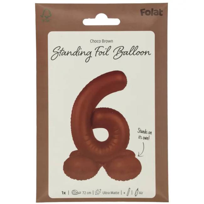 Staande Folieballon Cijfer 6 - Chocolade Bruin - Ultra Matt - 72 cm