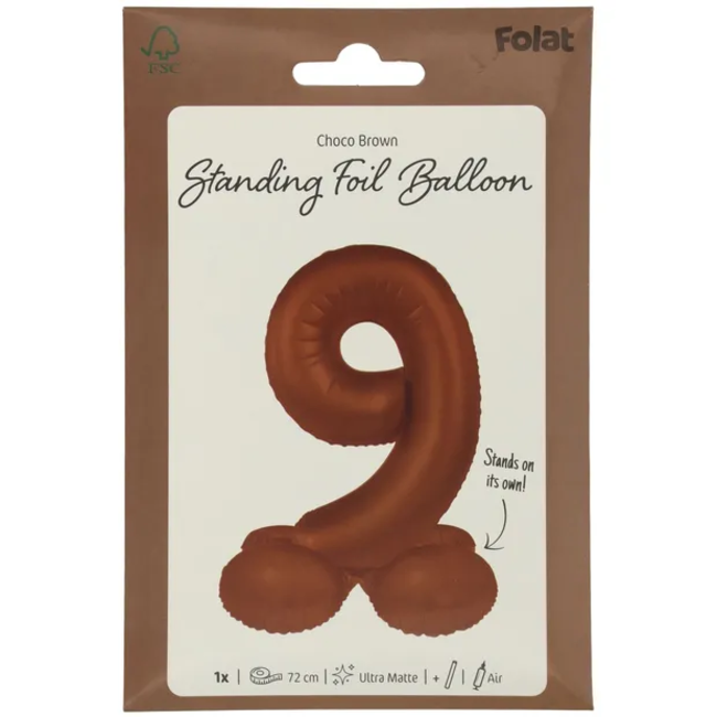 Staande Folieballon Cijfer 9 - Chocolade Bruin - Ultra Matt - 72 cm