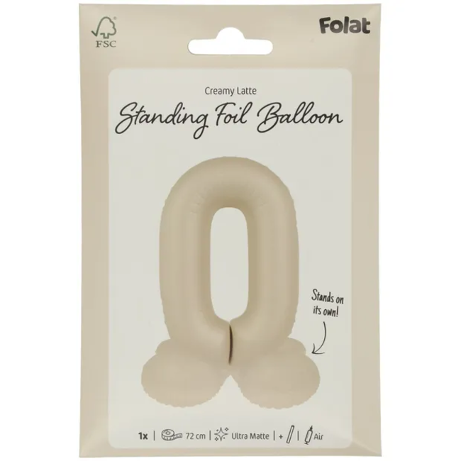 Staande Folieballon Cijfer 0 - Creamy Latte - Ultra Matt - 72 cm