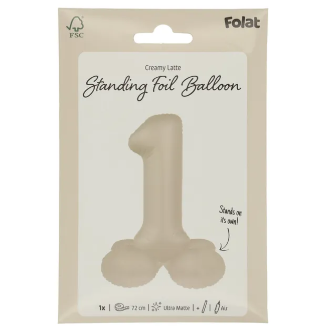 Staande Folieballon Cijfer 1 - Creamy Latte - Ultra Matt - 72 cm