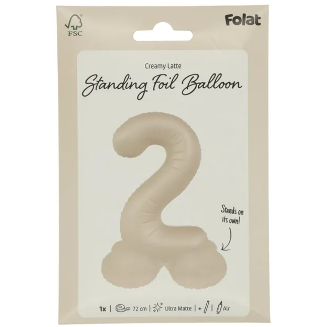 Staande Folieballon Cijfer 2 - Creamy Latte - Ultra Matt - 72 cm