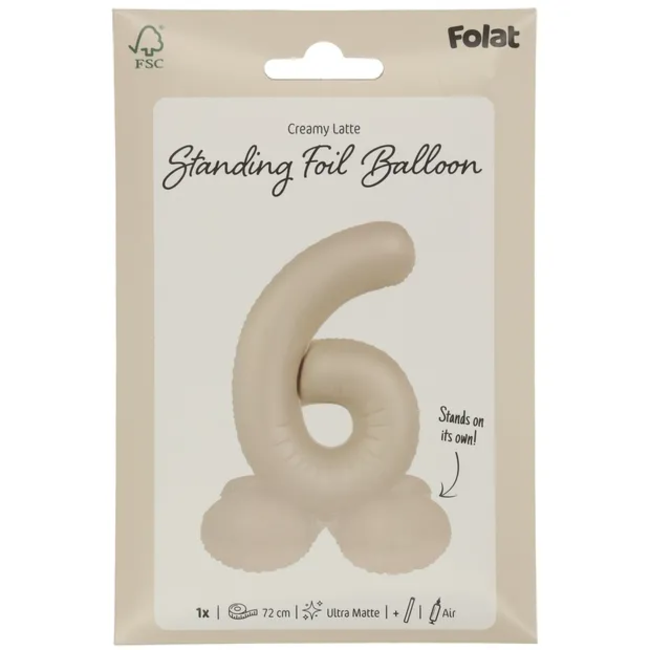 Staande Folieballon Cijfer 6 - Creamy Latte - Ultra Matt - 72 cm