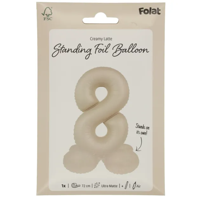 Staande Folieballon Cijfer 8 - Creamy Latte - Ultra Matt - 72 cm